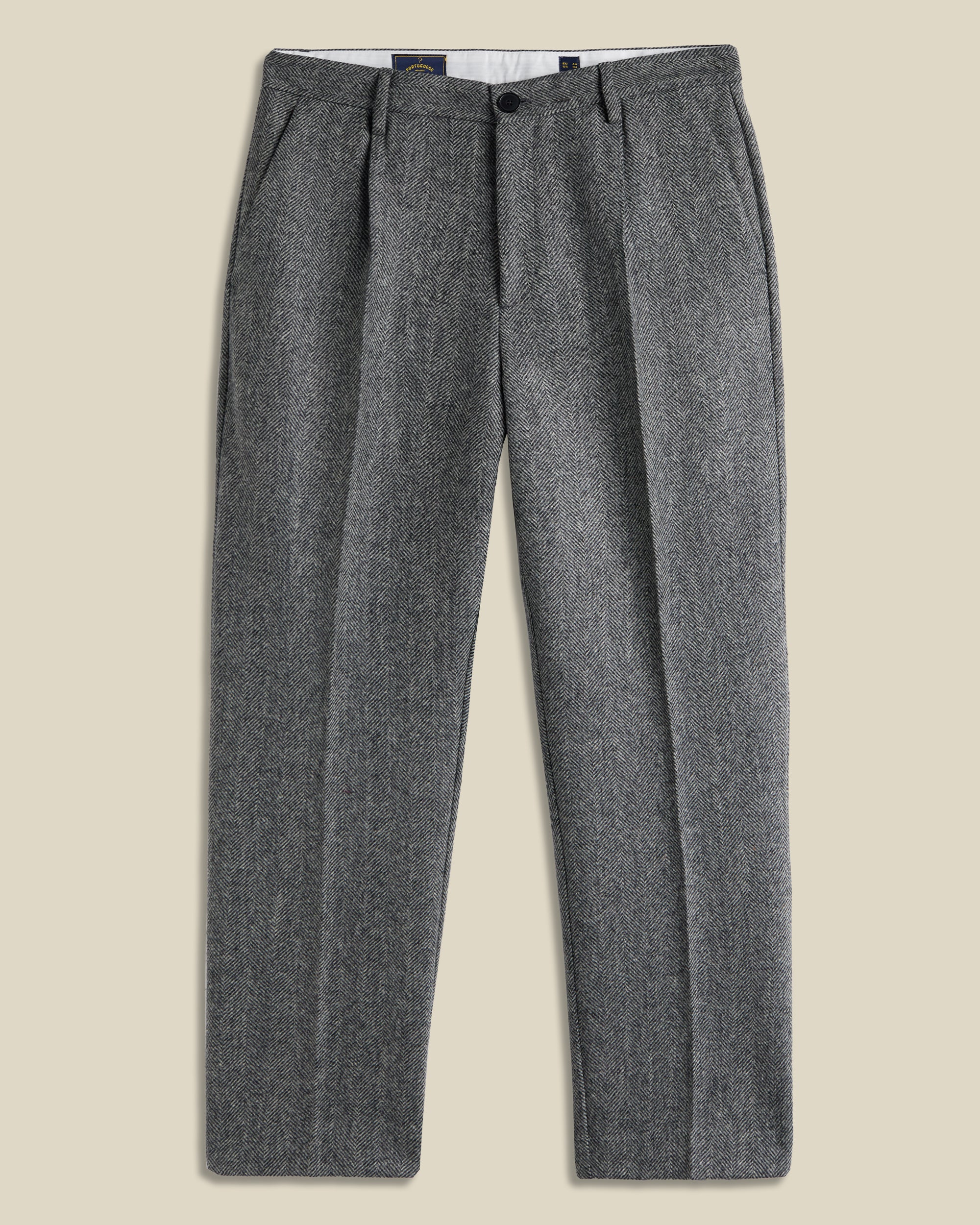 Single Pleat Herringbone Wool Trousers - Grey