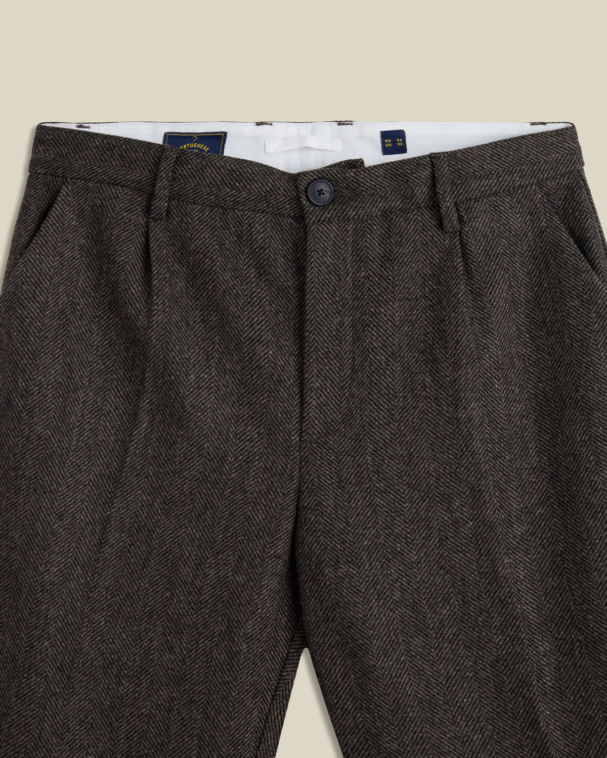 Single Pleat Herringbone Wool Trousers - Brown
