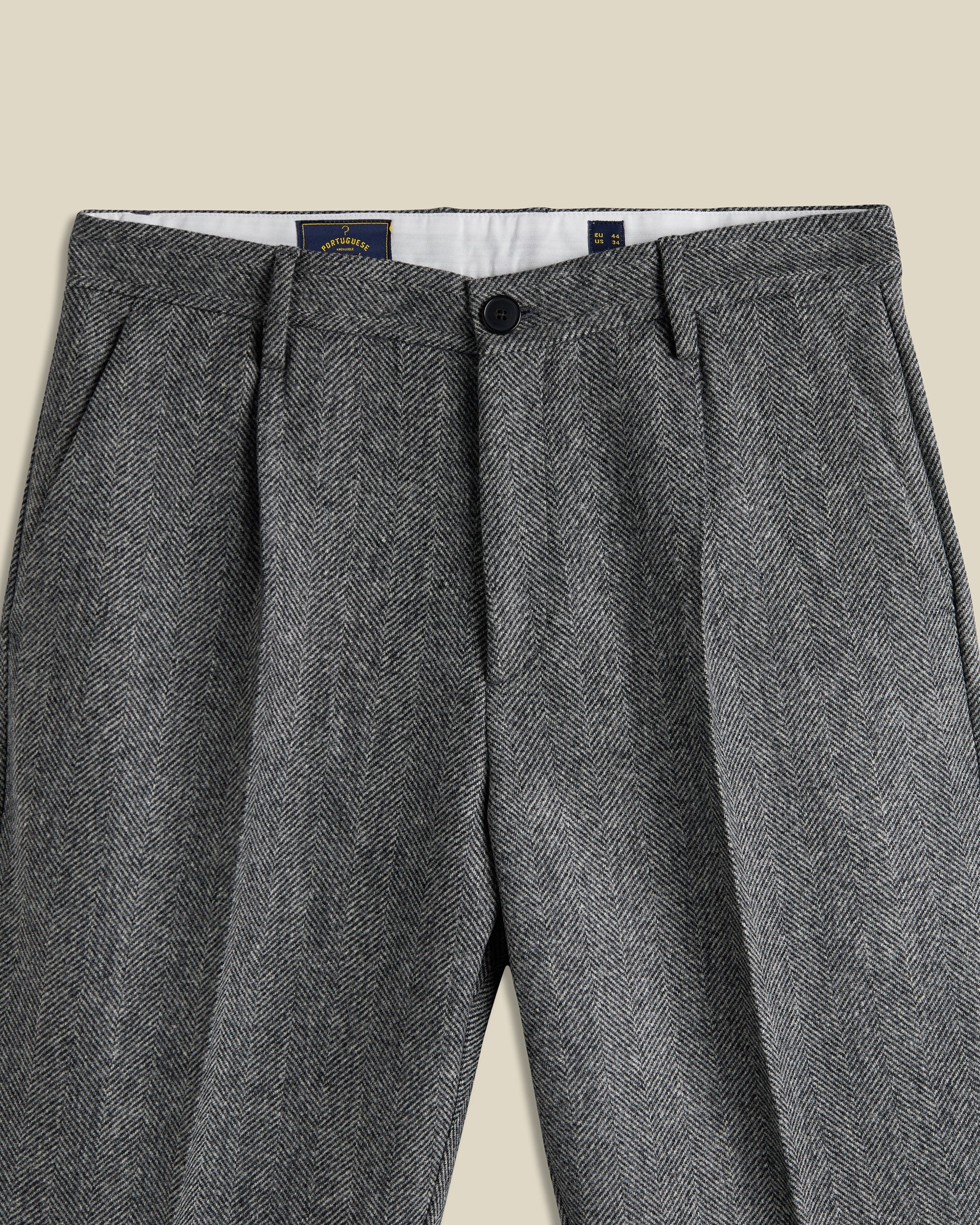 Single Pleat Herringbone Wool Trousers - Grey