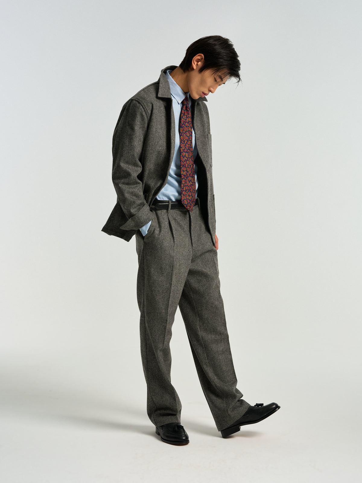 Single Pleat Herringbone Wool Trousers - Grey