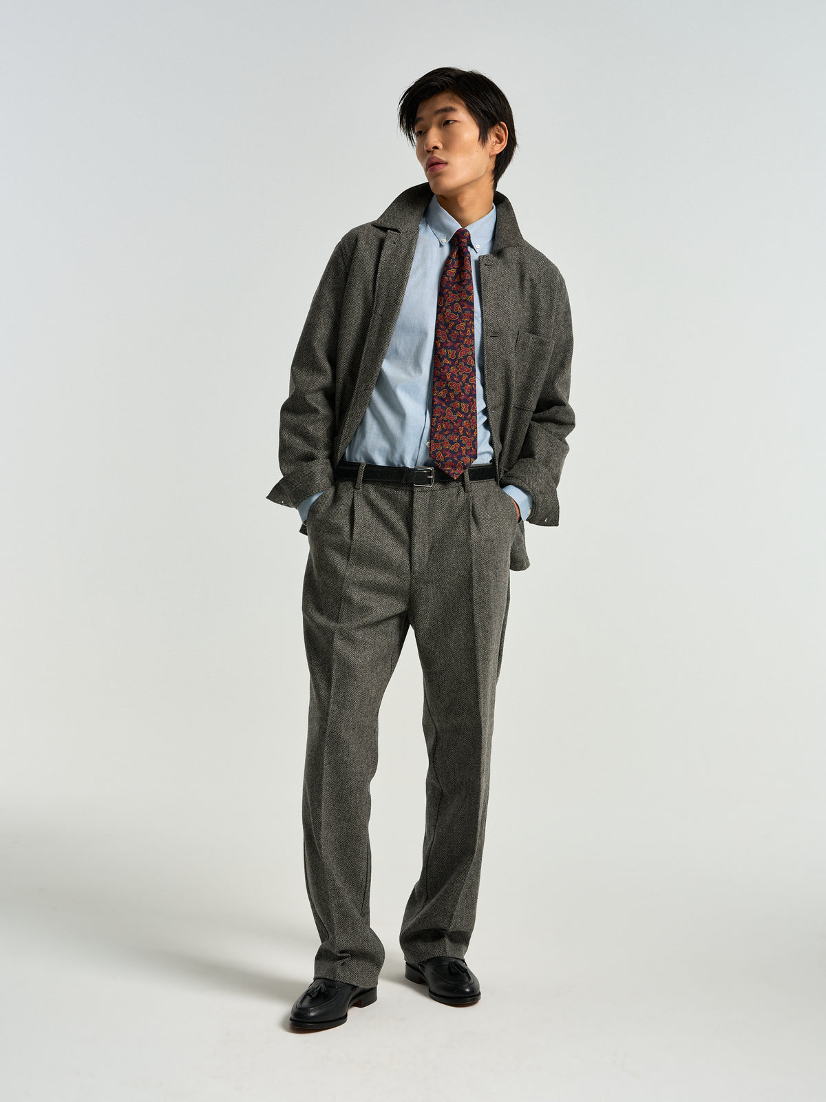 Single Pleat Herringbone Wool Trousers - Grey
