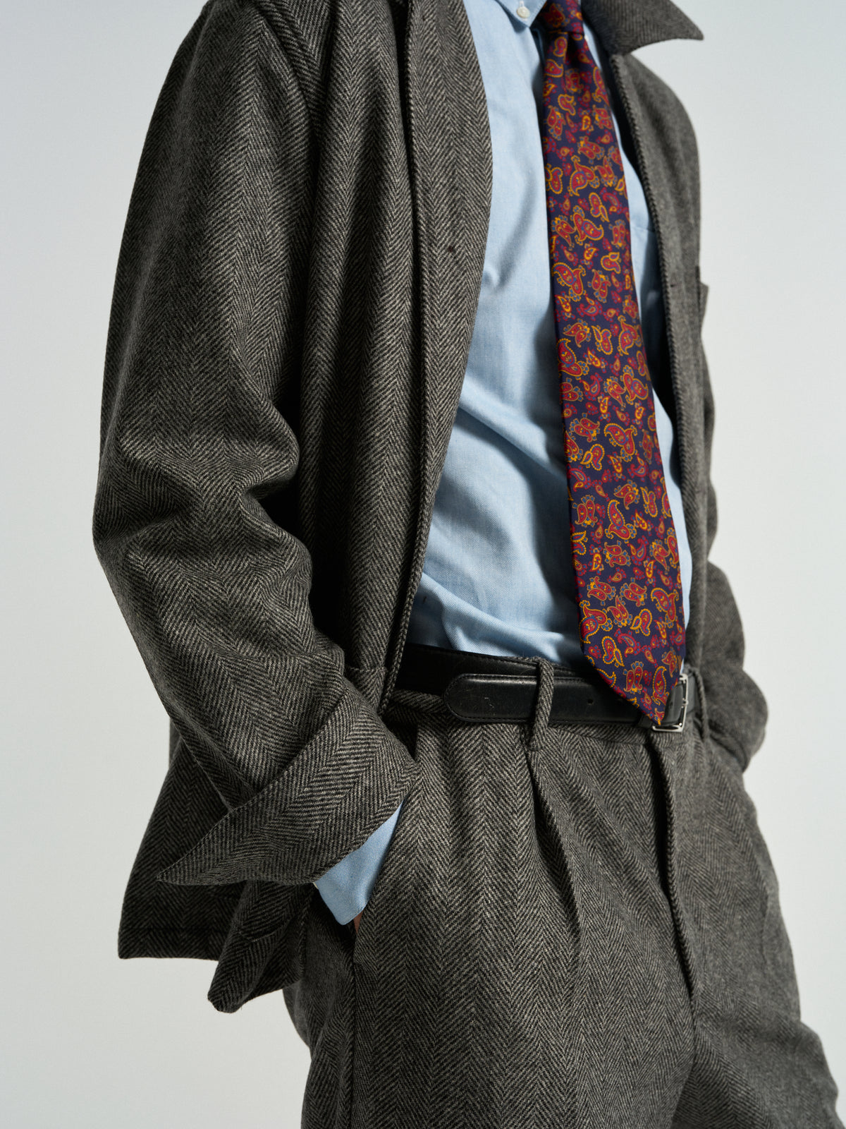 Single Pleat Herringbone Wool Trousers - Grey