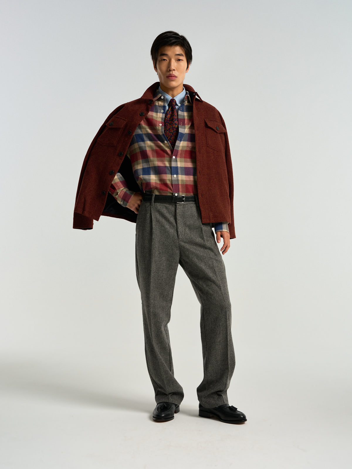Single Pleat Herringbone Wool Trousers - Grey