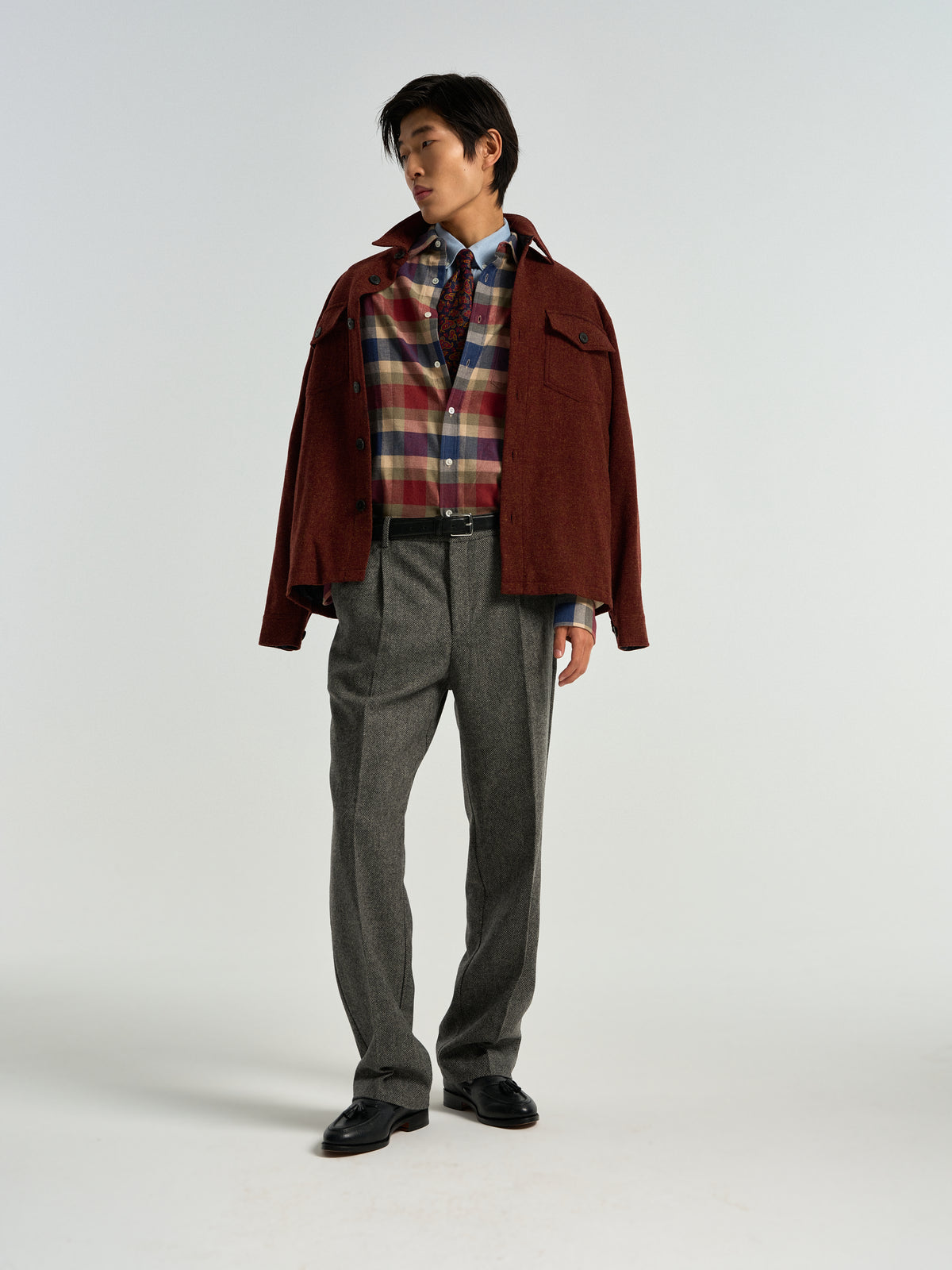 Single Pleat Herringbone Wool Trousers - Grey