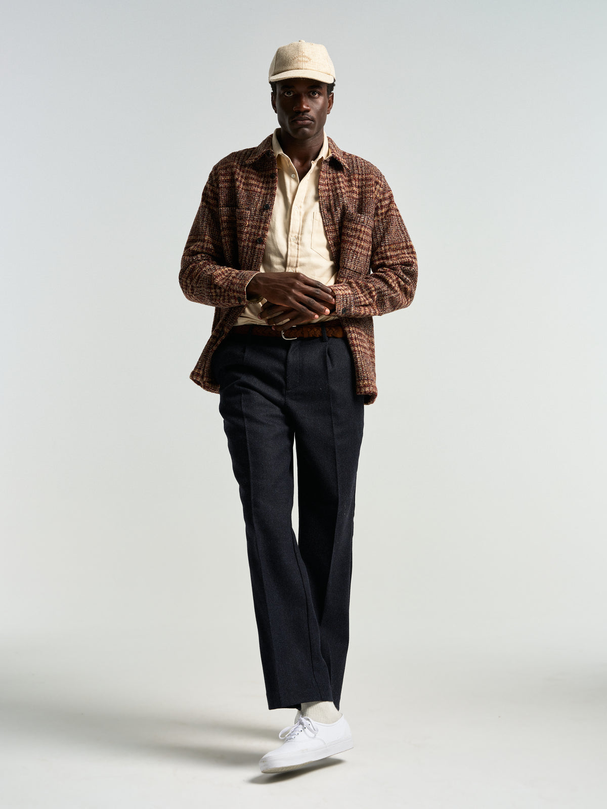 Single Pleat Herringbone Wool Trousers - Navy